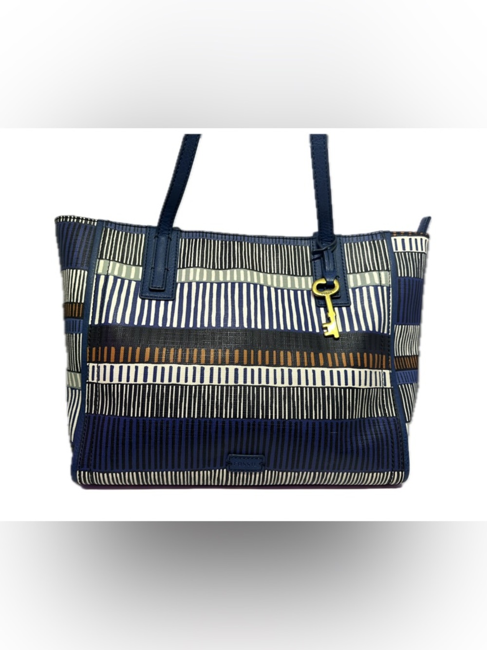 Fossil Canvas Work/Everyday Tote Blue Stripe Large Shoulder Bag Key Charm